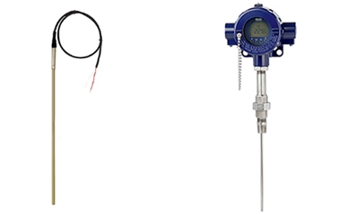 Z lewej: Termometr rezystancyjny TR40 z przyłączem kablowym (szeroki zakres zastosowań) Z prawej: Termometr rezystancyjny TR12-B dla przemysłu przetwórczego (petrochemicznego, naftowego)